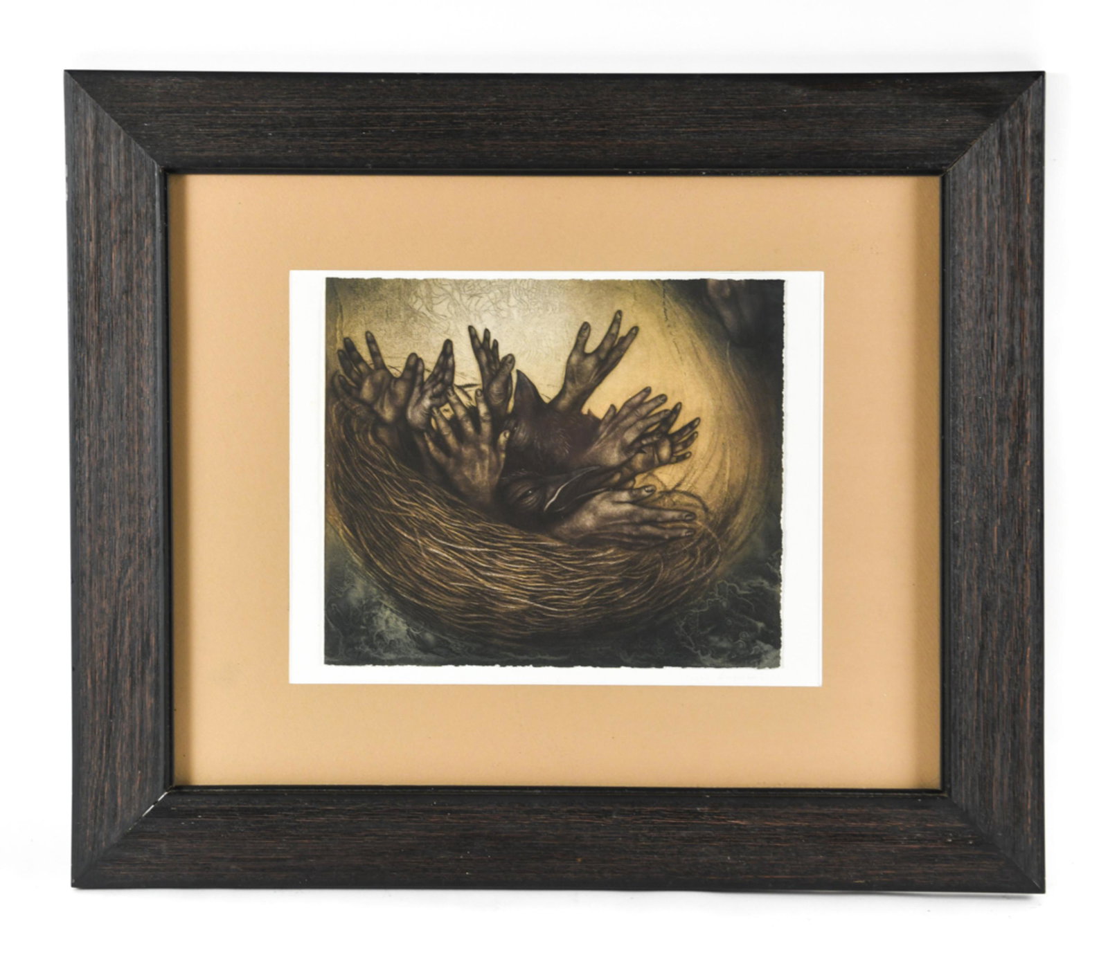 CARRIE LINGSCHEIT COLOR INTAGLIO: A variation of "Into The Day". Deckle edge color intaglio print. Artist signed on the mount. Dimensions: (Frame) H 21" x W 24.75", (Paper) H 10" x W 11.5" Condition: Float mounted. Bright and clean. O