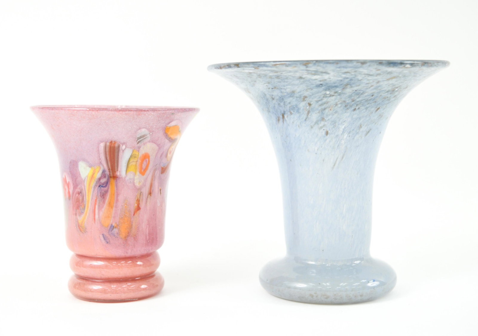 (2) VASART SCOTTISH ART GLASS VASES: Larger grey/blue is signed, the smaller multi-color is not. Dimensions: (Larger) H 8.75" x Dia. 9.25" Condition: No noticeable issues.