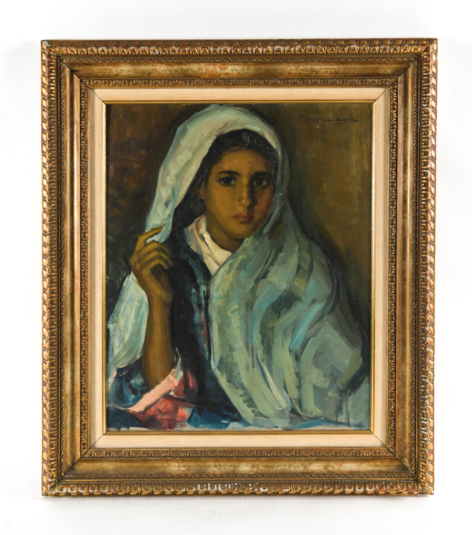 RAOUL TORRES DE LARA, SPANISH (1888-1957) O/C: Signed upper right R. Torres de Lara. Portrait of a Middle Eastern girl. Inscription and number no. 5 on back of canvas. By Raoul Torres de Lara (Spain/Morocco).Dimensions: (Frame) H 30" x W 25.5", (C
