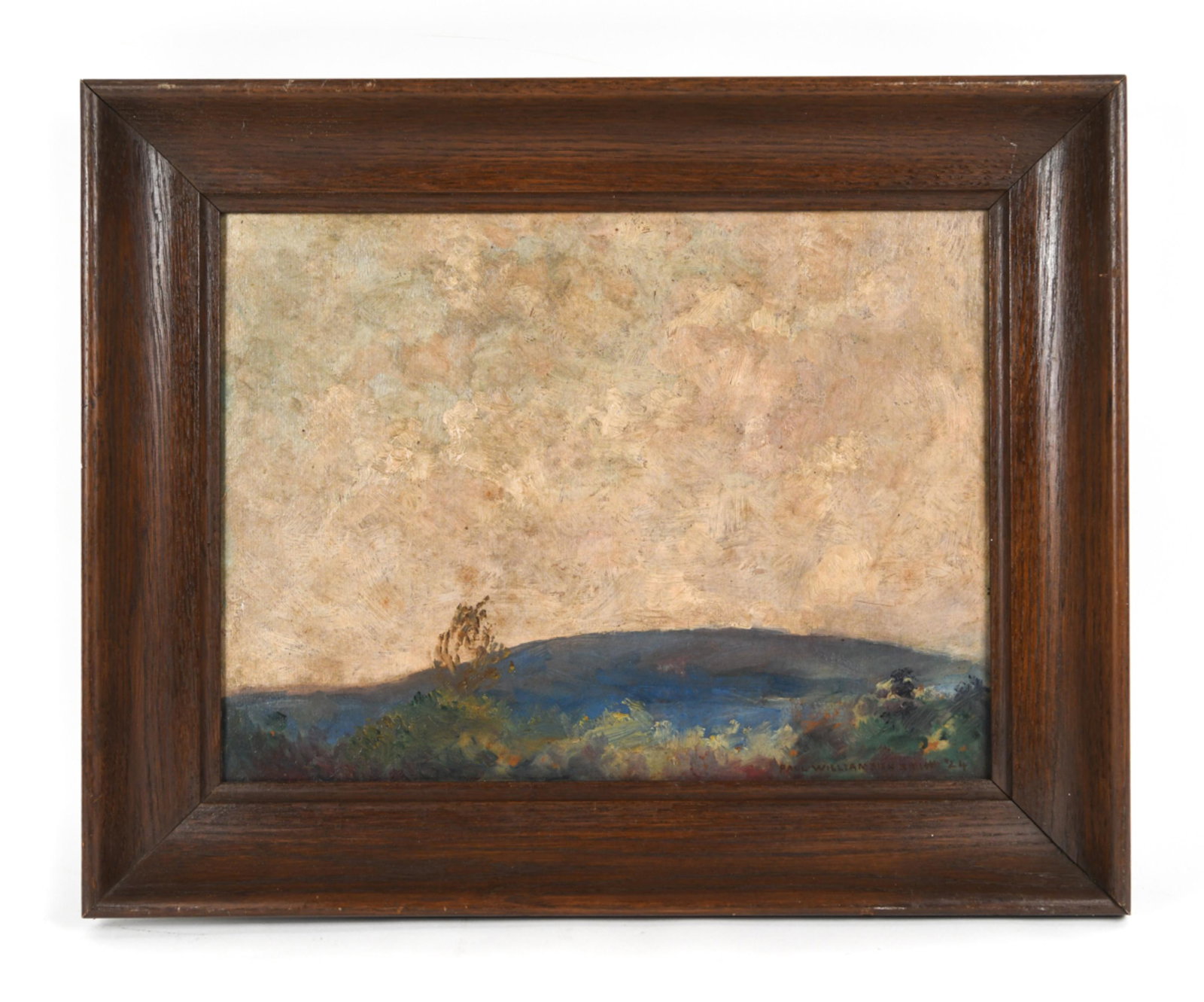 PAUL WILLIAMSON SMITH (1886-1949) OIL ON BOARD: Impressionist landscape with wood frame. Signed and dated lower right. With Pennsylvania Academy exhibition label verso. Dimensions: (Frame) H 16" x W 20.25", (Painting) H 12" x W 16" Condition: Sligh