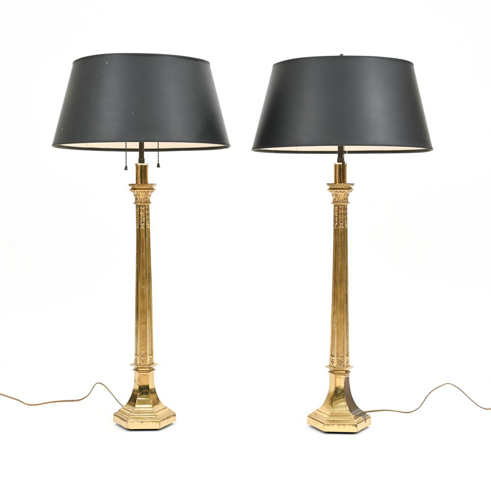 PAIR OF ELECTRIFIED GERMAN BRASS CANDLESTICK LAMPS (1 of 12)