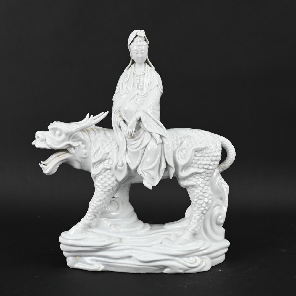 CHINESE PORCELAIN QUAN YIN RIDING DRAGON FIGURE (1 of 11)