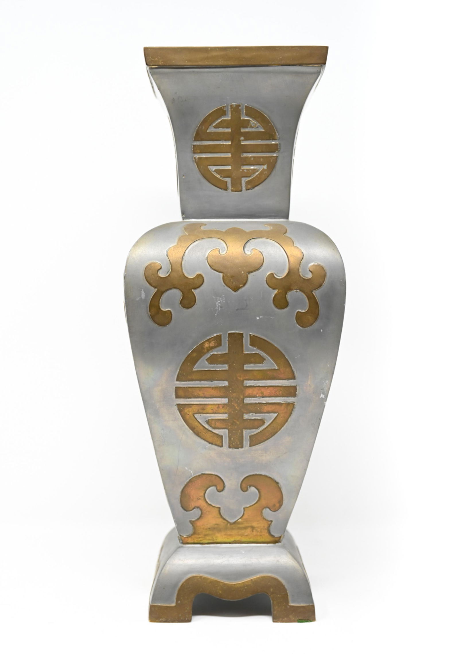 CHINESE STYLE PEWTER & BRASS INLAID VASE (1 of 12)