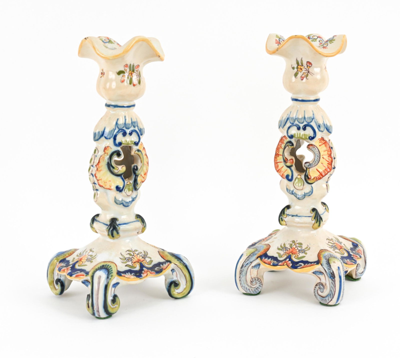 PAIR OF ANTIQUE FRENCH FAIENCE CANDLESTICKS (1 of 13)