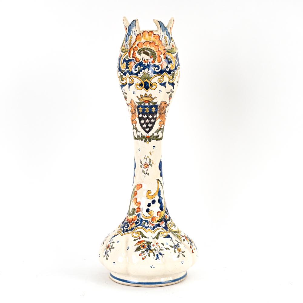 MONT SAINT MICHEL FRENCH FAIENCE VASE: Signed underneath Mont-Saint-Michel and numbered 1139. Dimensions: H 15" x Dia. 6.25" Condition: Crazing, chips to glaze. Wear consistent with age and use.
