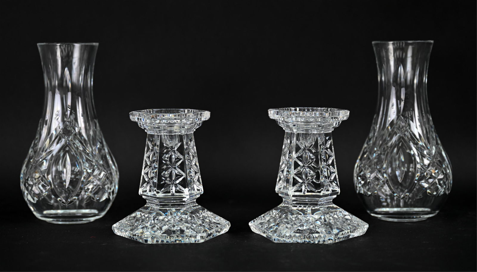 PAIR OF WATERFORD CANDLESTICKS & HURRICANE SHADES (1 of 8)