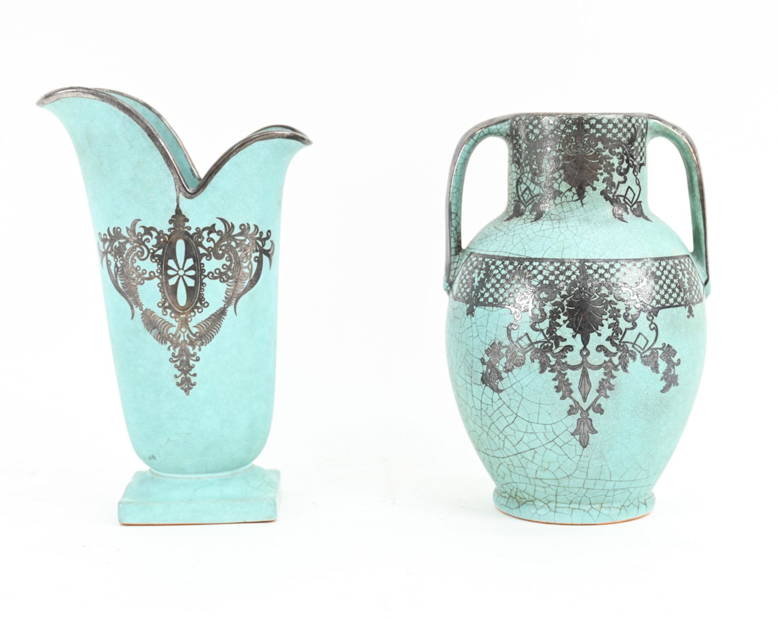 (2) WELLER STERLING SILVER OVERLAY CERAMIC VASES (1 of 13)