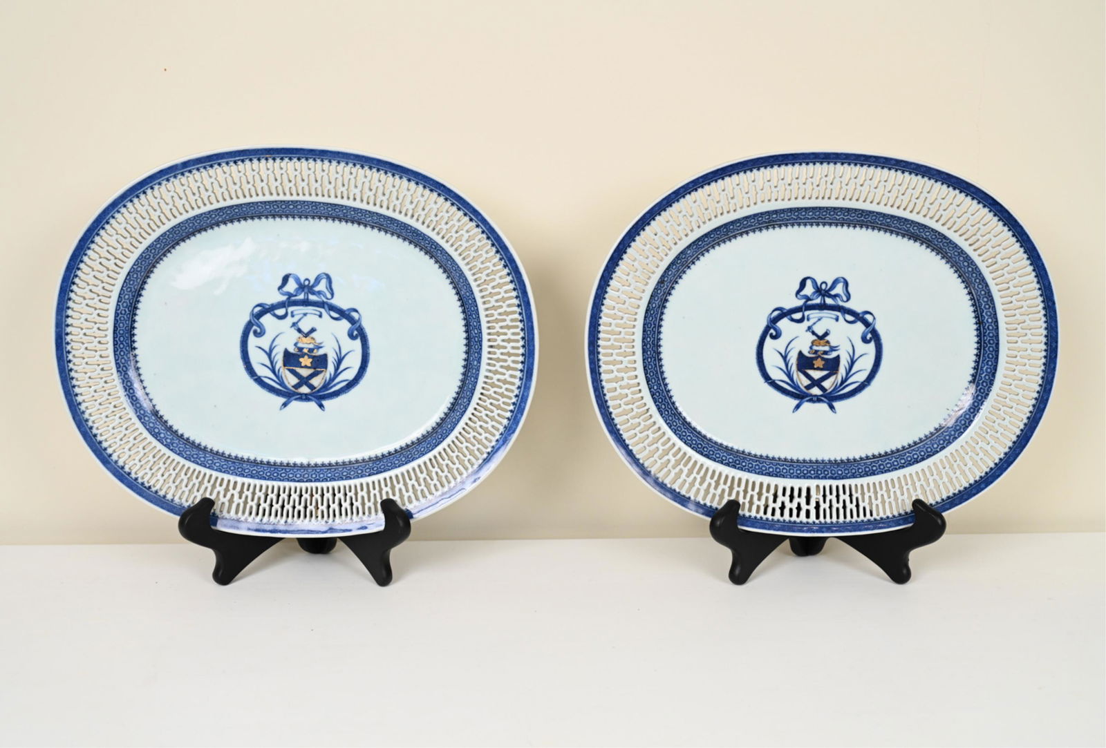 (2) CHINESE EXPORT ARMORIAL RETICULATED PLATTERS (1 of 12)