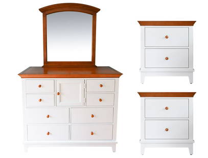 AMERICAN DREW PAIR OF NIGHTSTANDS & DRESSER: Marked inside dresser drawer: American Drew. Dimensions: (Dresser with mirror) H 80" x W 50" x D 18.25" Condition: Wear consistent with use including a few scuffs, scratches, and marks.