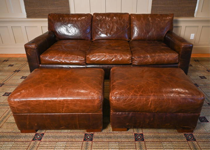 Restoration Hardware Leather Sofa & (2) Ottomans