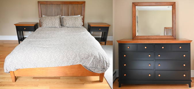 AMERICAN DREW BEDROOM FURNITURE SUITE: Contemporary. Including queen size bed frame, pair of nightstands, dresser, and mirror. Marked inside dresser drawer: American Drew. Dimensions: (Bed frame) H 56" x W 64" x D 87", (Dresser incl. mirro