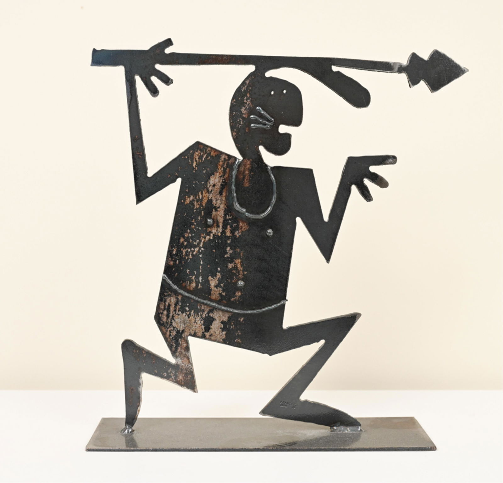 ROSEMARY POZZI FRANZETTI, NEW MEXICO (1953-2012): Metal silhouette sculpture of figure with spear. Signed and dated Franzetti 1988. Dimensions: H 12" x W 12" x D 3" Condition: Bend to spear.
