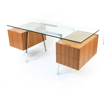 NIELS BENDTSEN FOR BENSEN ITALIAN DESK: Contemporary, made in Italy. Dimensions: H 28.75" x W 64" x D 27.5" Condition: Light wear from use including a ding on the left rear bottom corner of the right side drawer. Missing (1) plastic foot gl