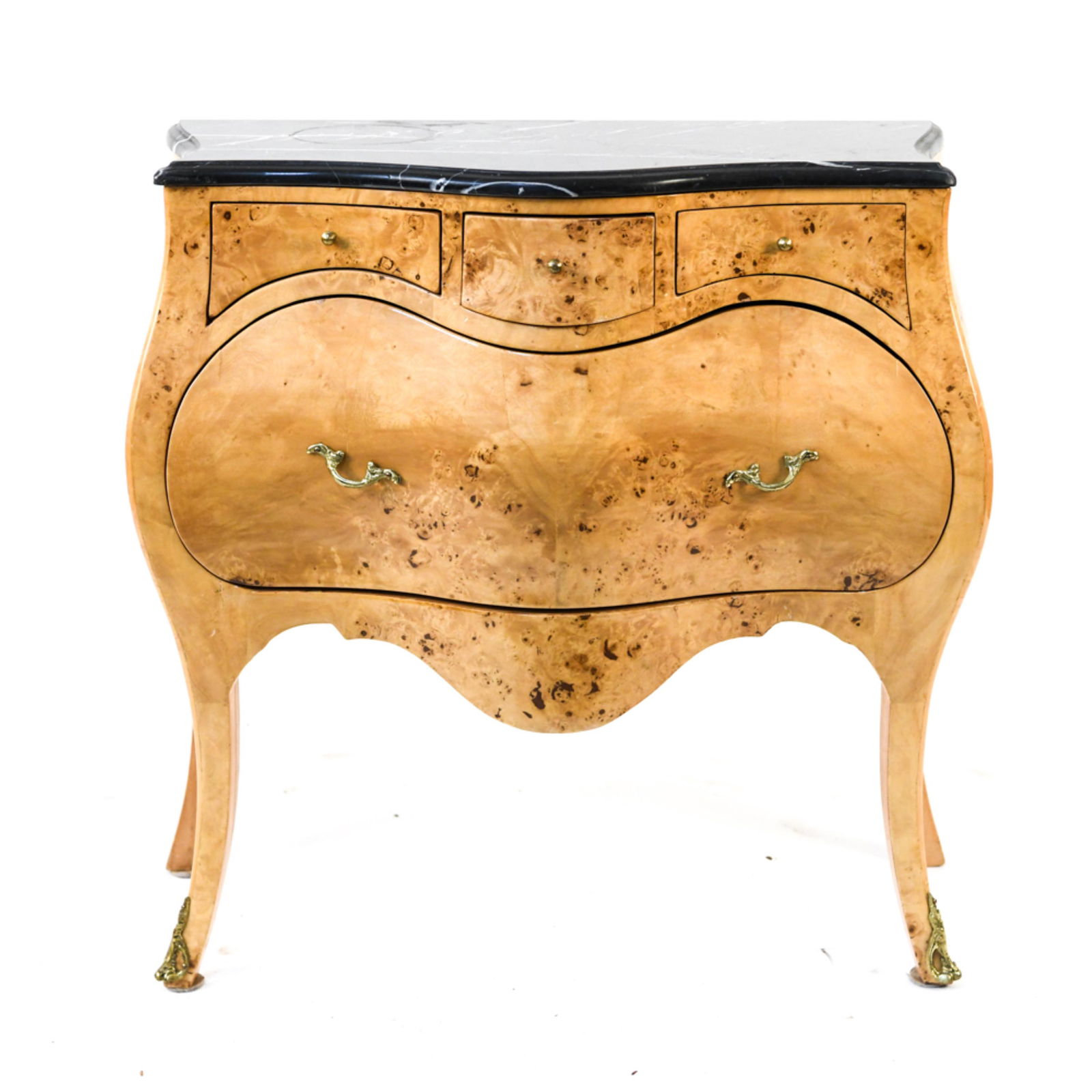 BURLWOOD & ORMOLU MARBLE TOP BOMBE COMMODE (1 of 15)