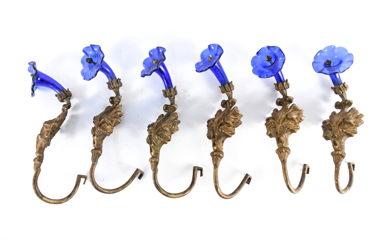 (6) ANTIQUE GLASS AND ORMOLU CURTAIN TIEBACKS: Dimensions: H 11" x W 3.5" x D 4.5" Condition: Oxidation to metal with loose glass.