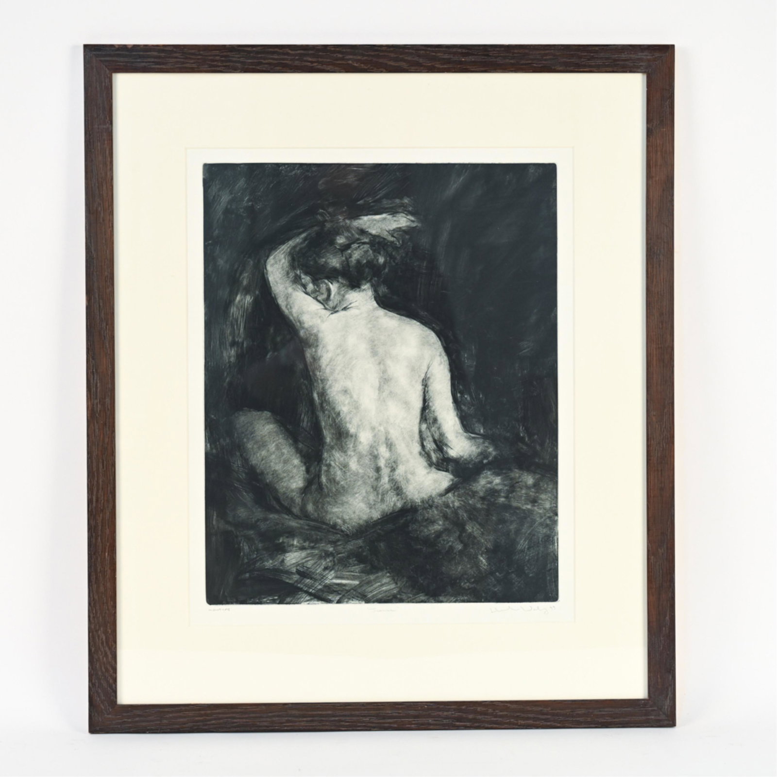 FEMALE NUDE MONOTYPE: Signed indistinctly "__Daly" and dated '99 lower right. Titled Jeanne in monotype. Dimensions: (Frame) H 27.75" x W 23.75" (Sight) H 19" x W 15.5" Condition: Light wear including some watermarks to fr