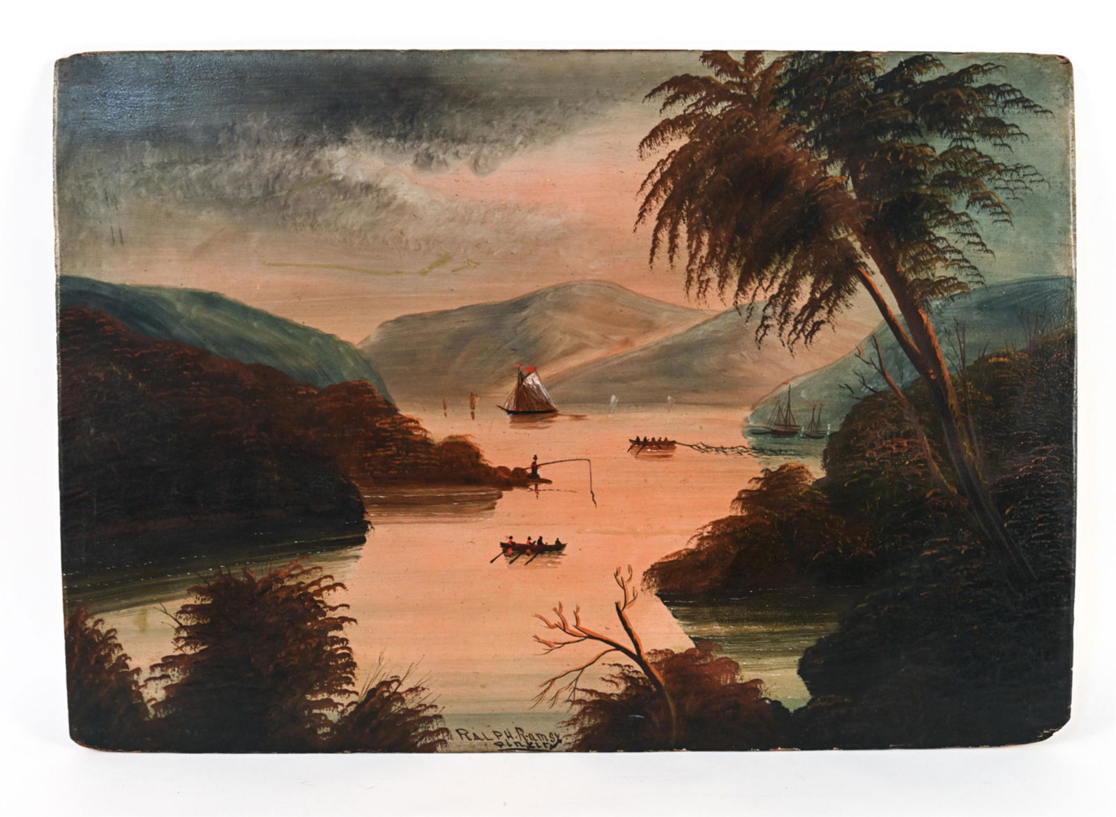 SIGNED FOLK ART HUDSON RIVER SCHOOL PAINTING (1 of 12)