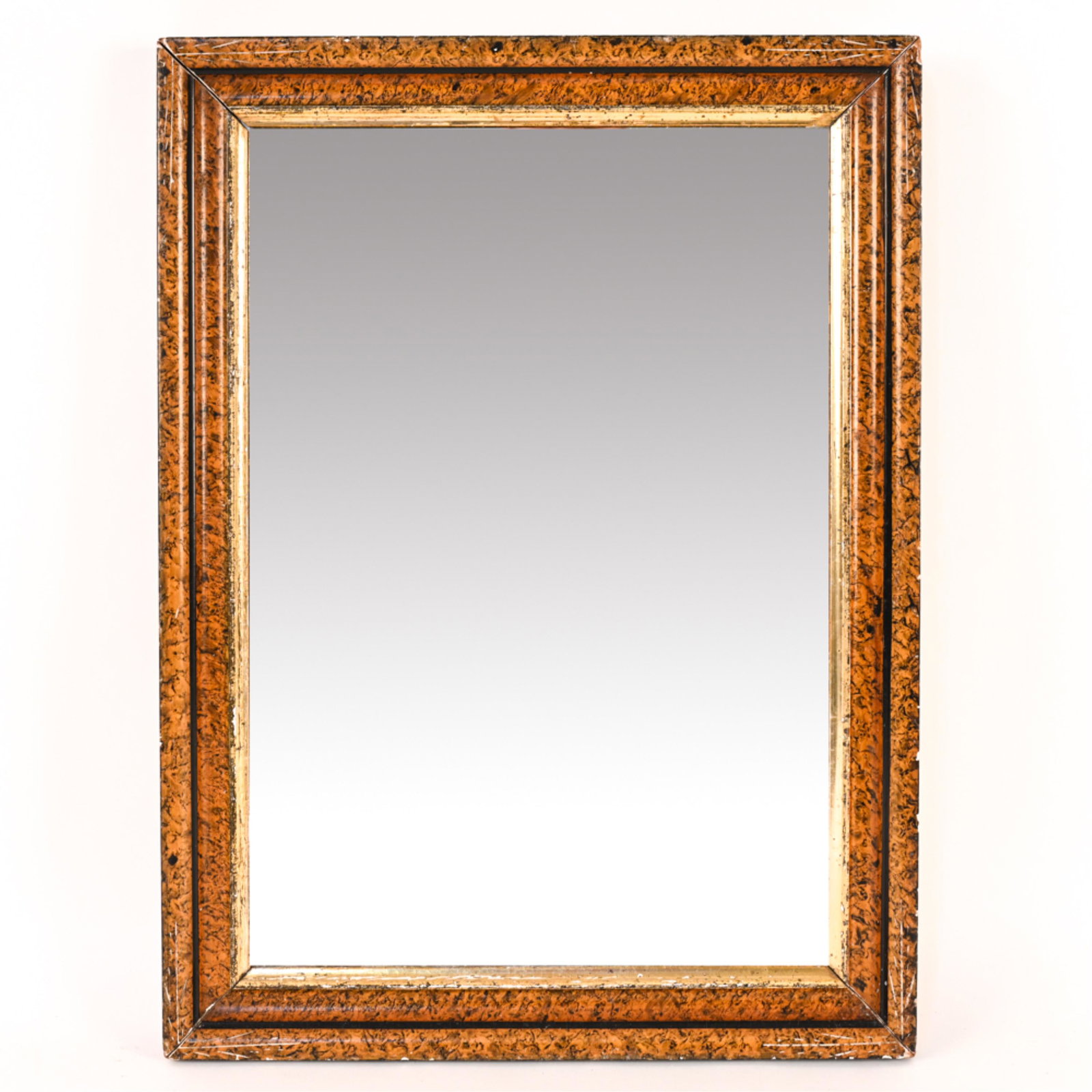 VICTORIAN BURL FINISH FRAME MIRROR: Dimensions: (Frame) H 23.25" x W 17.25" x D 1" Condition: Light surface scratches to mirror. Frame with chips, scratches and losses to finish.