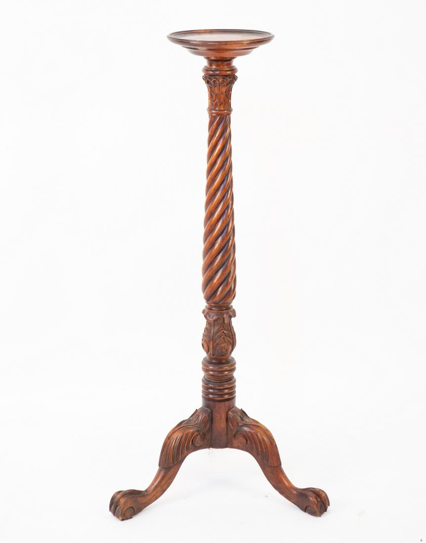 WOOD SPIRAL CLAW FOOT PEDESTAL: Dimensions: H 43" x W 21" x D 19" Condition: Wear consistent with age and use including scratches, scuffs and areas of finish loss. Some nicks and dings.
