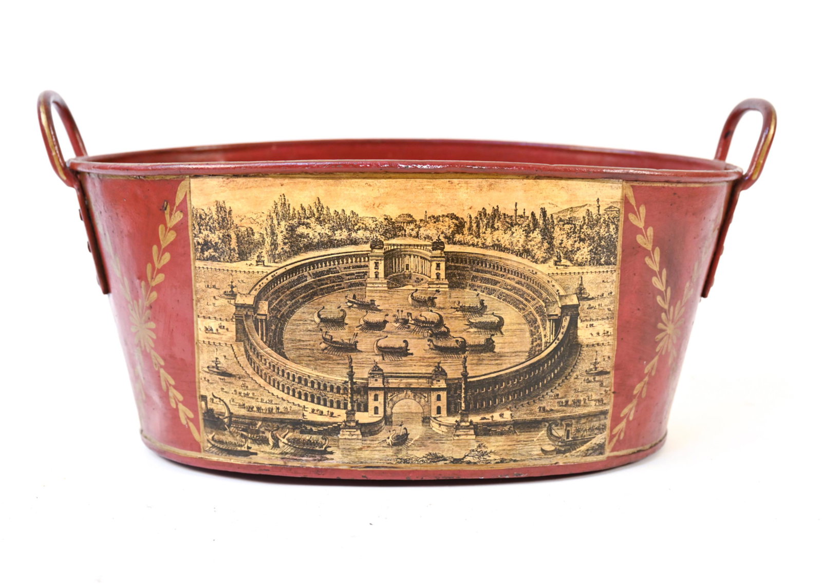 TOLE BUCKET: Dimensions: H 12.25" x W 25.25" x D 16" Condition: Wear consistent with age and use. Losses to paint, chips, and use wear.