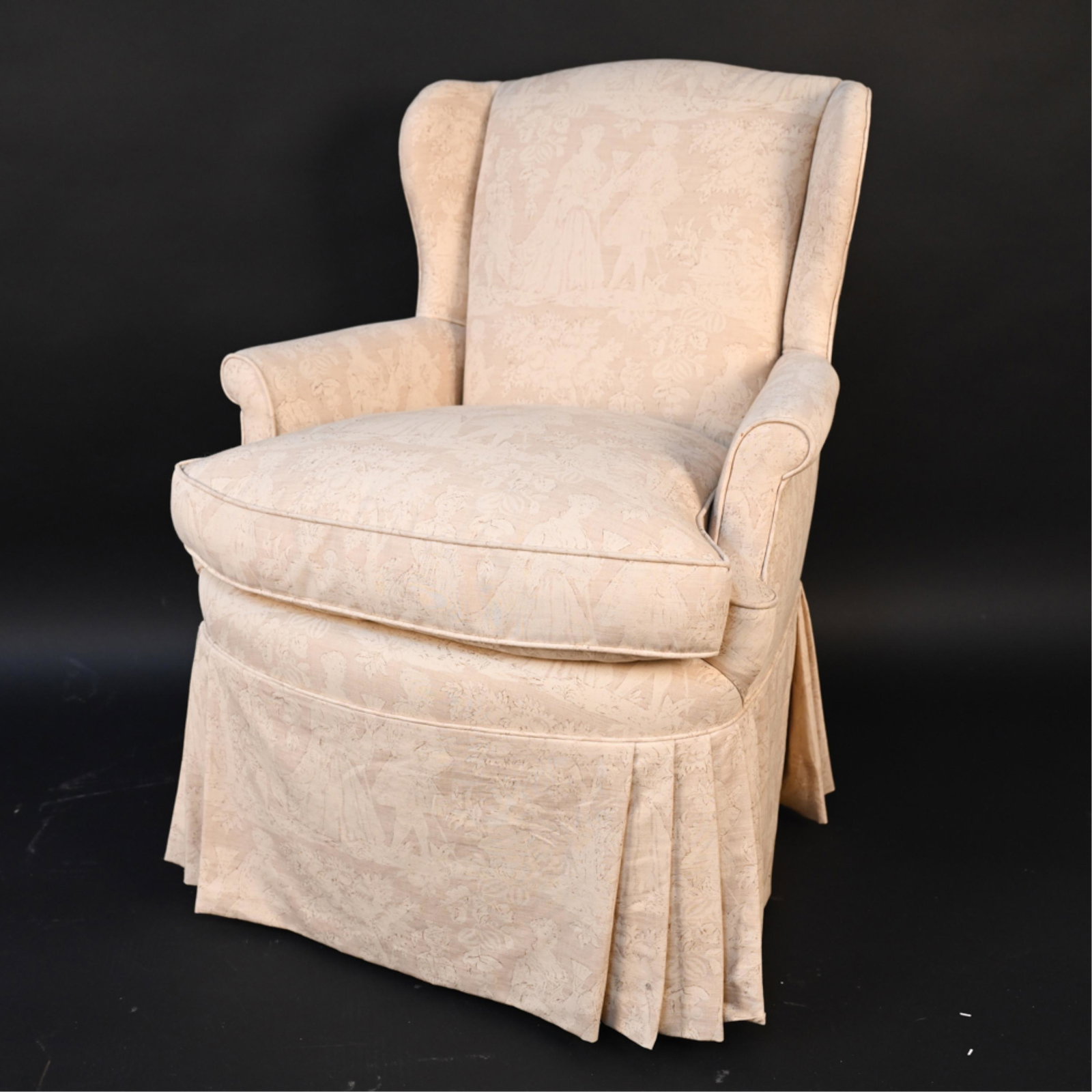 WINGBACK LOUNGE CHAIR: Dimensions: H 38.5" x W 29" x D 24" x SH 23" Condition: Wear consistent with age and use, minor soiling.