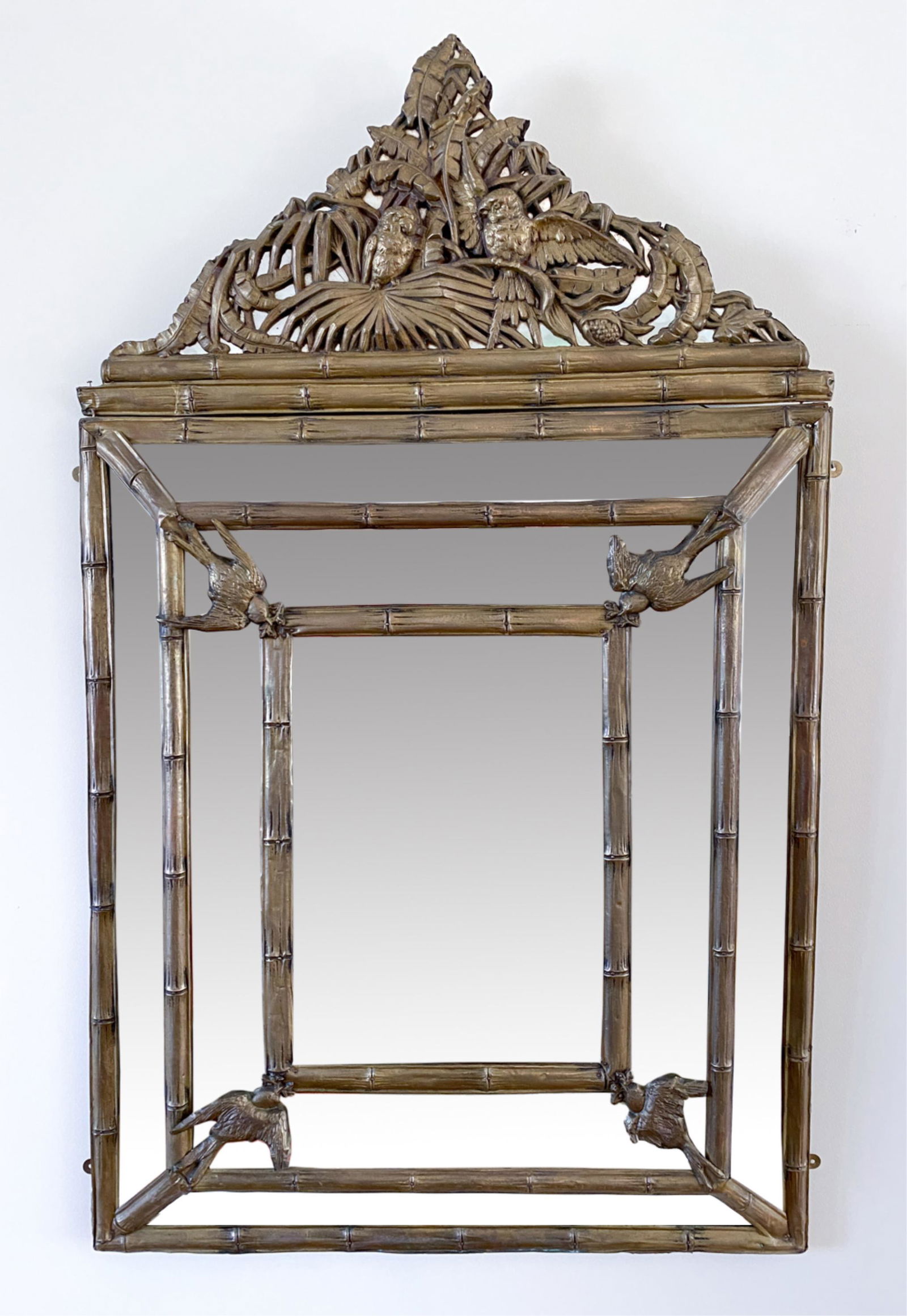 ORNATE BRASS BIRD & FAUX BAMBOO PANELED MIRROR (1 of 8)