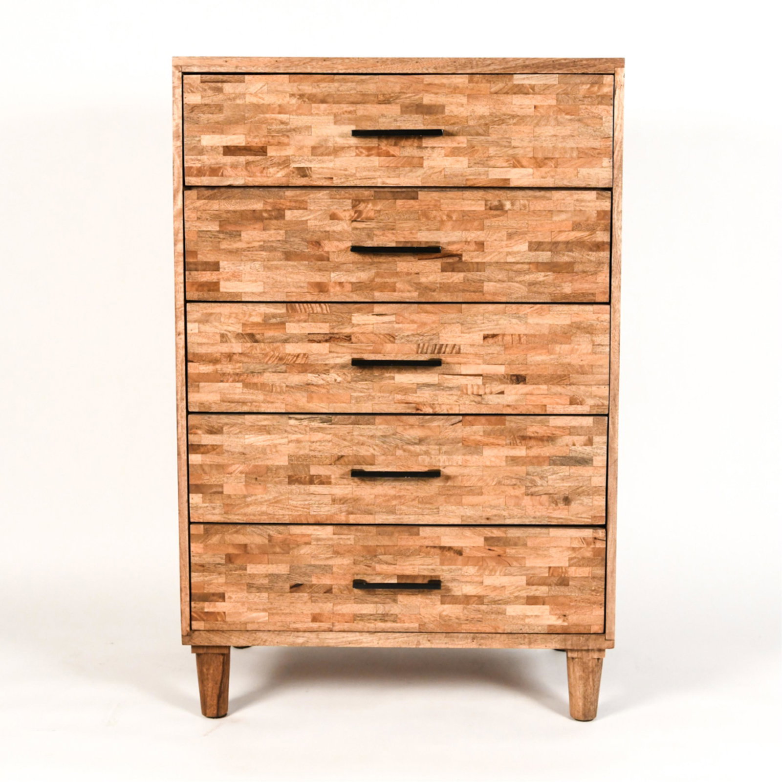 ORGANIC MODERN DOVETAILED & STAVED HARDWOOD CHEST: Beautiful staved reclaimed hardwood tall chest of drawers with dovetail joinery and minimalist metal handles. Dimensions: H 47" x W 30.5" x D 18" Condition: Showing light signs of normal use; a few sc