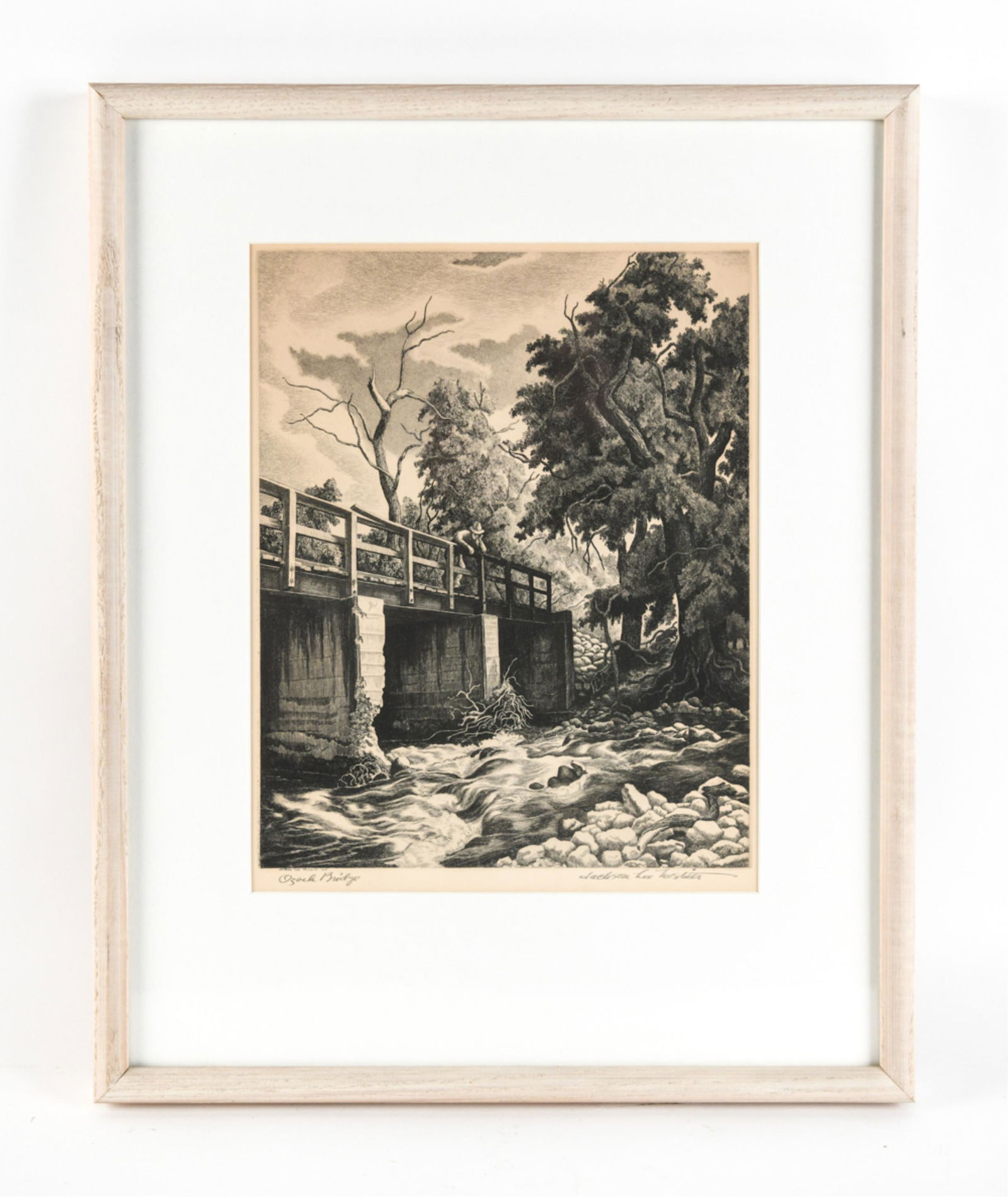 JACKSON LEE NESBITT SIGNED ETCHING: Titled “Ozark Bridge” and signed lower margin, with AAA artist’s label verso. Dimensions: (Frame) H19.5” x W 16” (Sight) H 12.5” x W 9.5” Condition: Light age toning to paper.