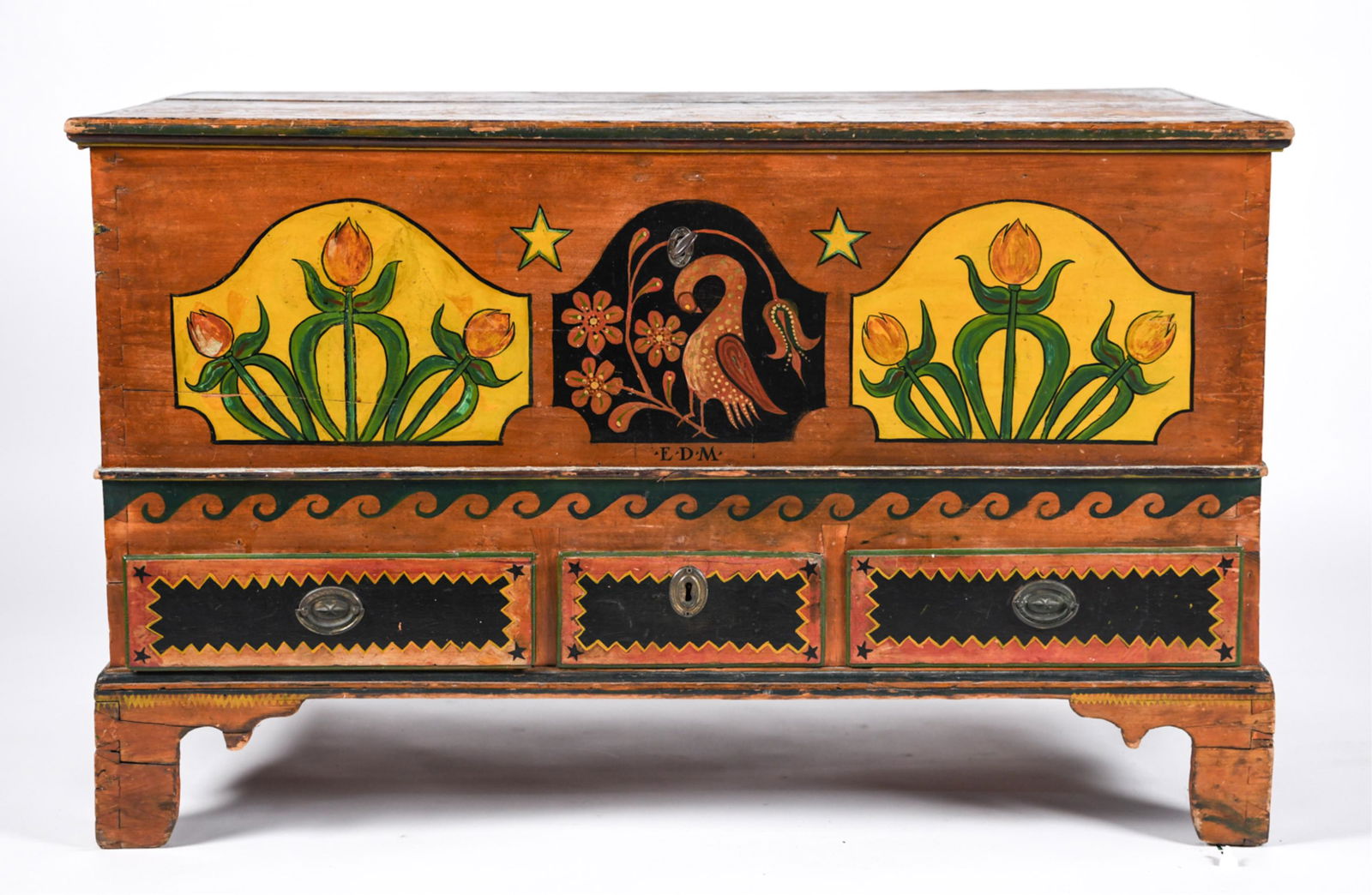 ANTIQUE DOVETAIL AND PAINT DECORATED MULE TRUNK (1 of 20)