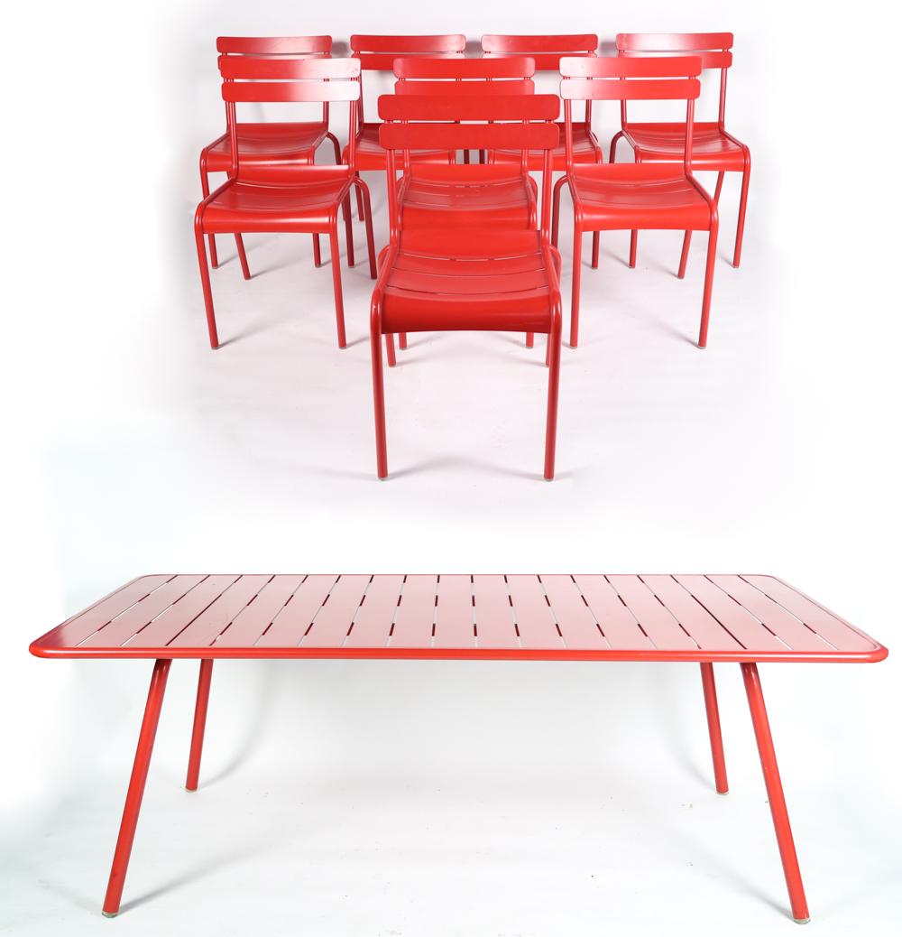 FERMOB RED LUXEMBOURG TABLE & (8) CHAIRS (1 of 17)