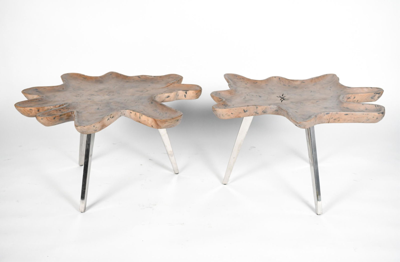PAIR ORGANIC MODERN WOOD & CHROME ACCENT TABLES (1 of 12)