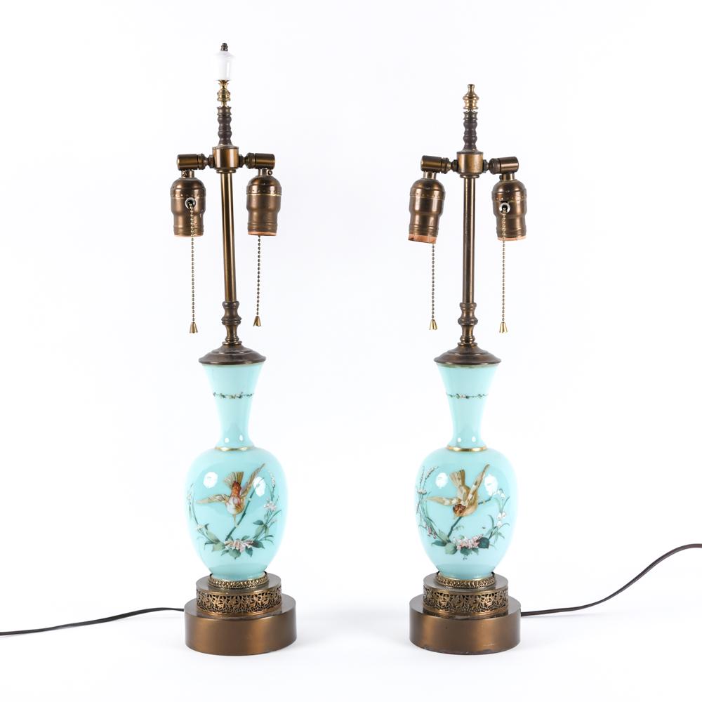 PAIR OF PAINTED BRISTOL GLASS TABLE LAMPS (1 of 16)