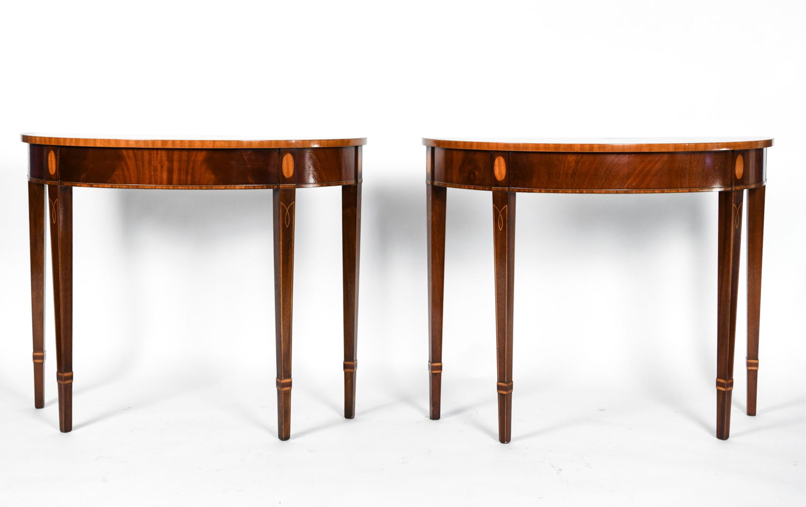 (2) SHERATON STYLE INLAID DEMILUNE CONSOLE TABLES (1 of 12)
