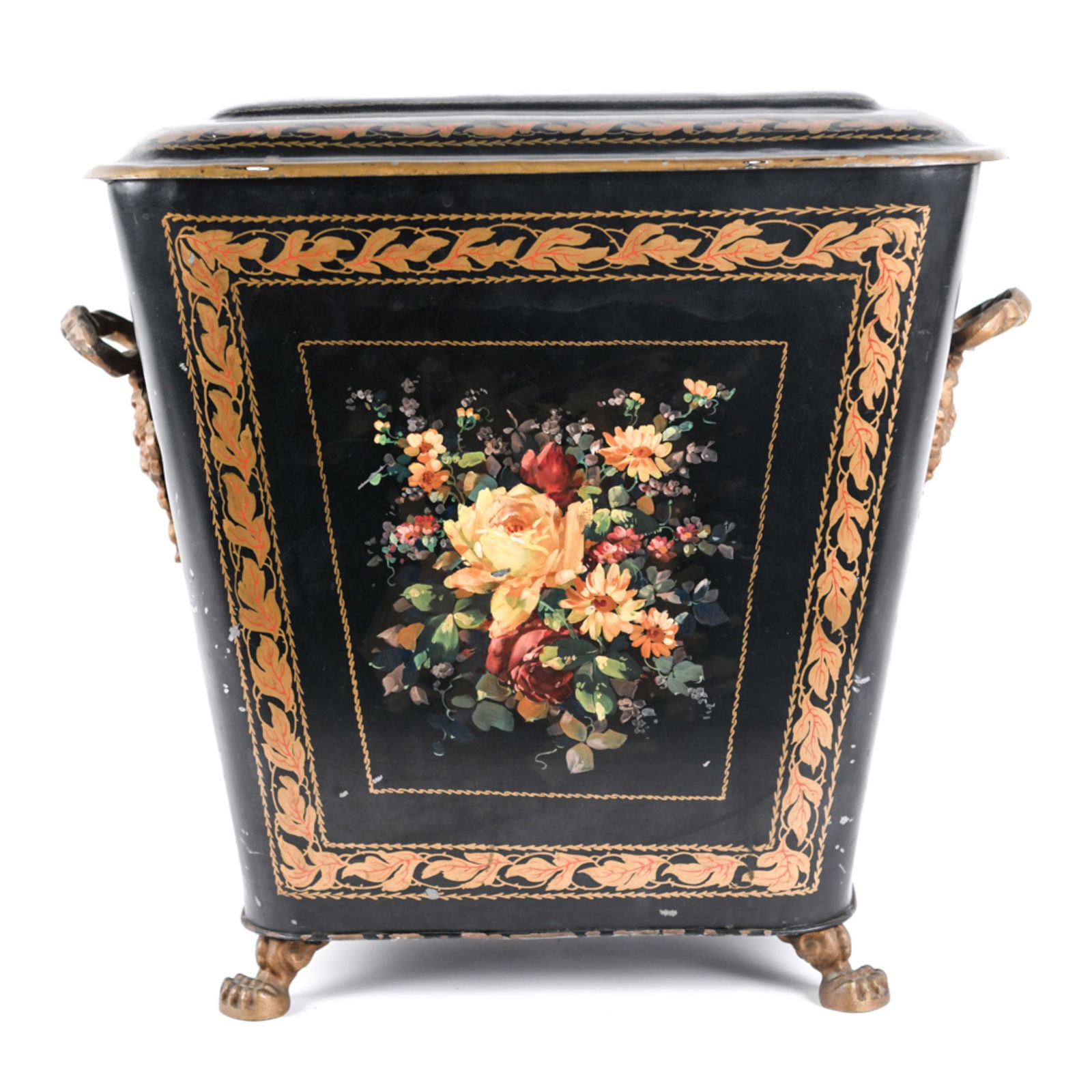 ANTIQUE TOLE DECORATED COAL SCUTTLE (1 of 13)