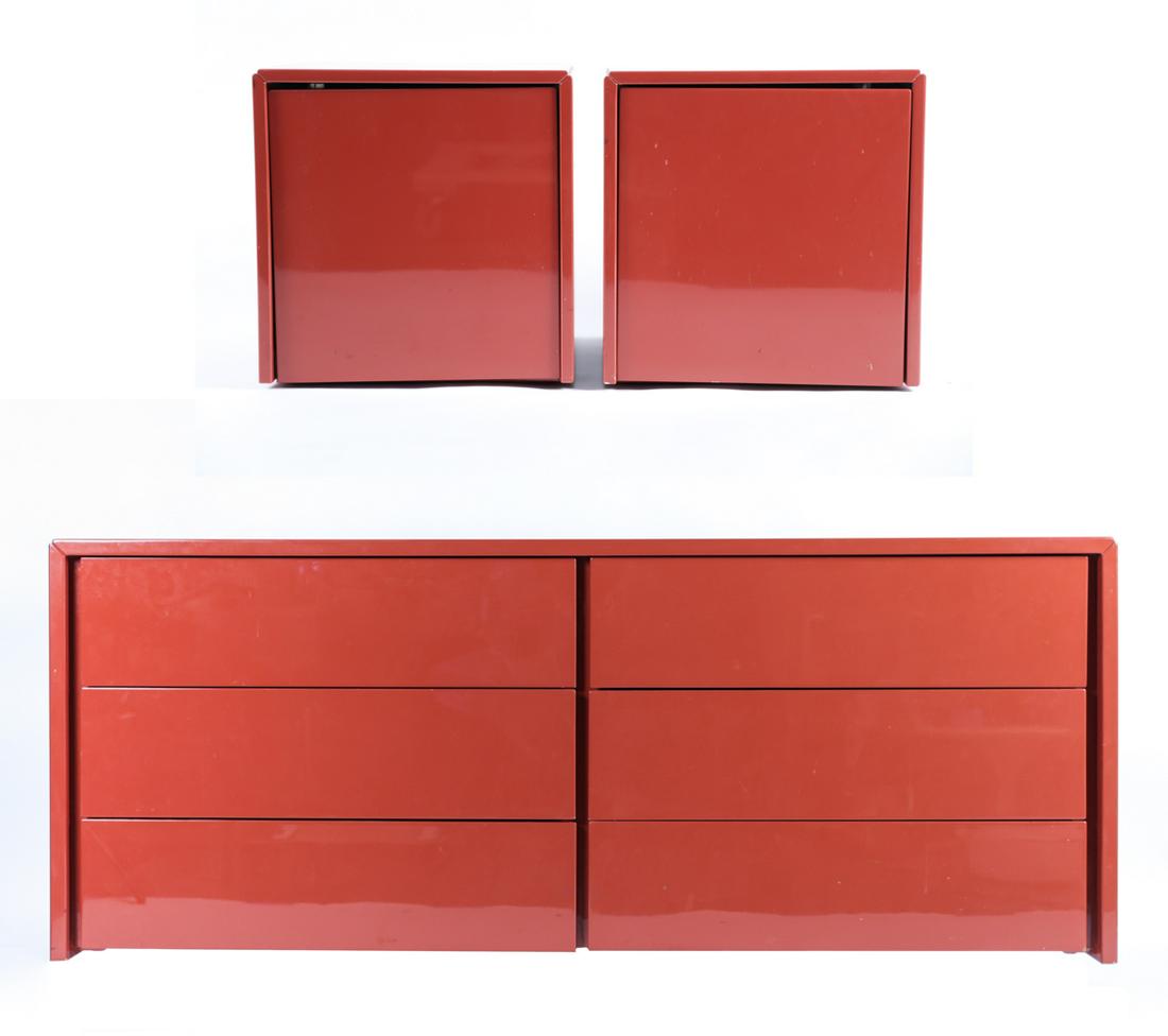 ORANGE LACQUER DRESSSER & NIGHTSTANDS: Apparently no manufacturer's markings. Dimensions: (Dresser) H 29" x W 72" x D 20" Condition: As is. Scuffs and scratches. Losses to lacquer including one nightstand with heavy losses.