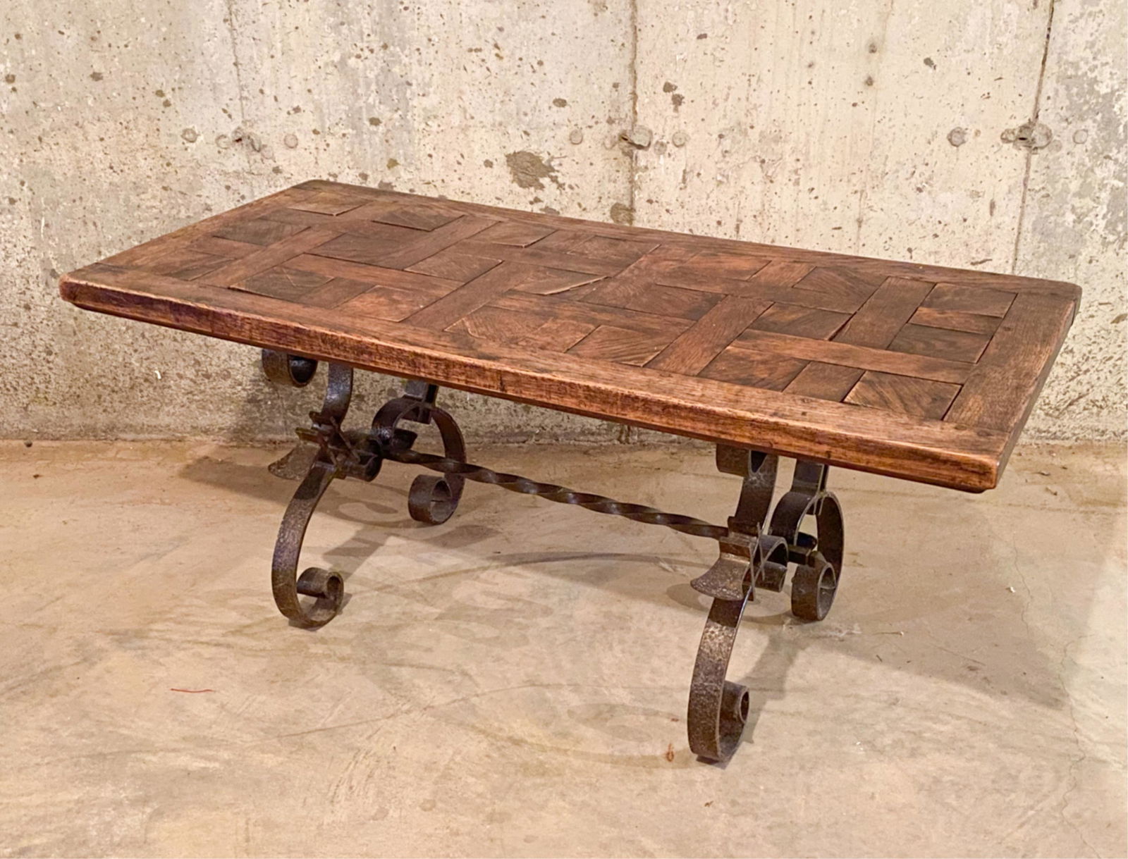 WROUGHT IRON & PARQUETRY INLAID COFFEE TABLE (1 of 6)