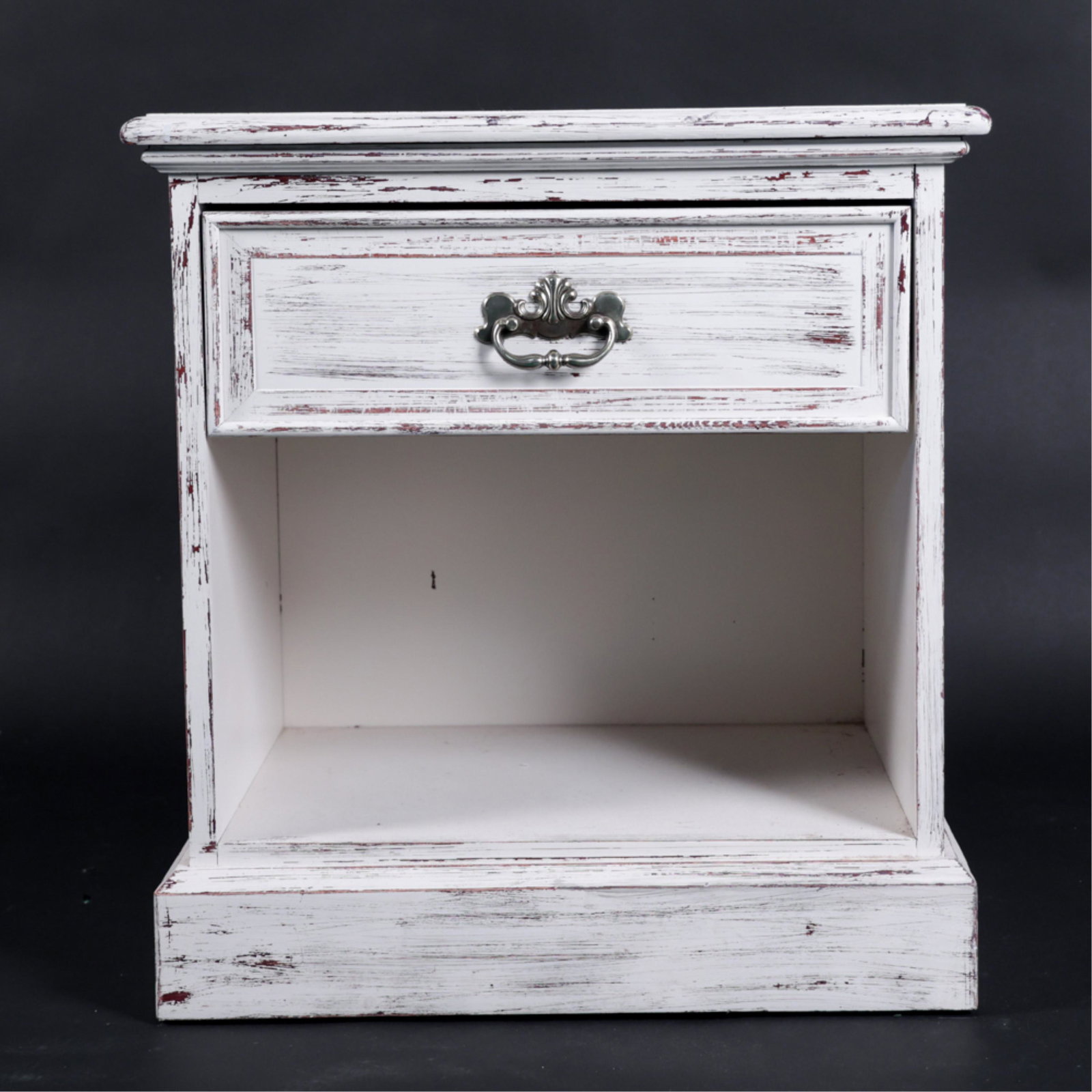 DISTRESSED FINISH END TABLE: Intentionally distressed white paint finish. Dimensions: H 25" x W 23" x D 17" Condition: Surface with some wear and marks. Some residue to top.