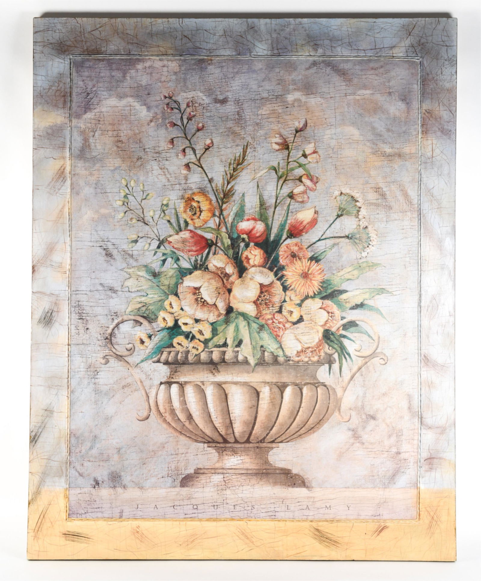 LARGE JACQUES LAMY CANVAS PRINT: Dimensions: H 56" x W 44" x D 1.5" Condition: With intentional craquelure and distress, some wear to edges.