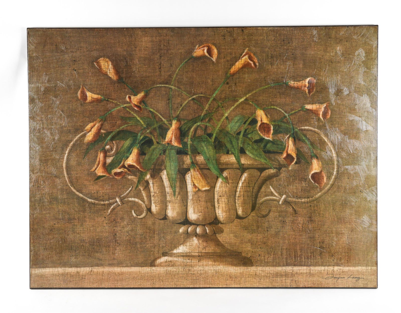 JACQUES LAMY VIENNA AVEC FLEURS CANVAS PRINT: Signed in print lower right, with brush strokes in varnish. Dimensions: H 36" x W 48" x D " Condition: Craquelure intentional. Small scratch lower right, light wear to edges