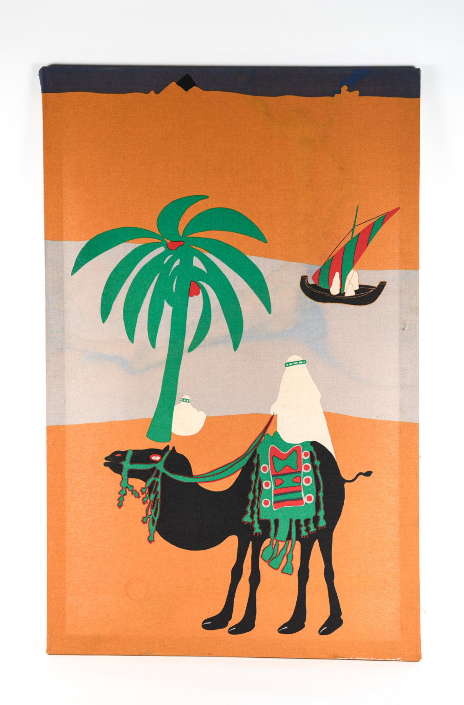 1970'S MIDDLE EASTERN PRINTED TEXTILE ART: Dimensions: H50 " x W 32" x D " Condition: Water ring lower left, soiling upper right, fading throughout.