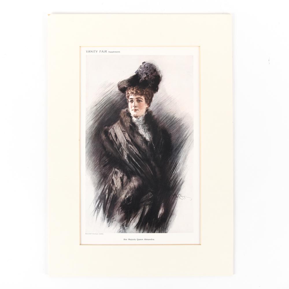 VANITY FAIR CARTOON PRINT QUEEN ALEXANDRA: Of Her Majesty Queen Alexandra. Certificate of Authenticity and Registration # 69920 included. Offset reproduction print. Dimensions: (Mat) H 19" x W 13.5" (Sight) H14.5" x W 8.5" Condition: Wear cons