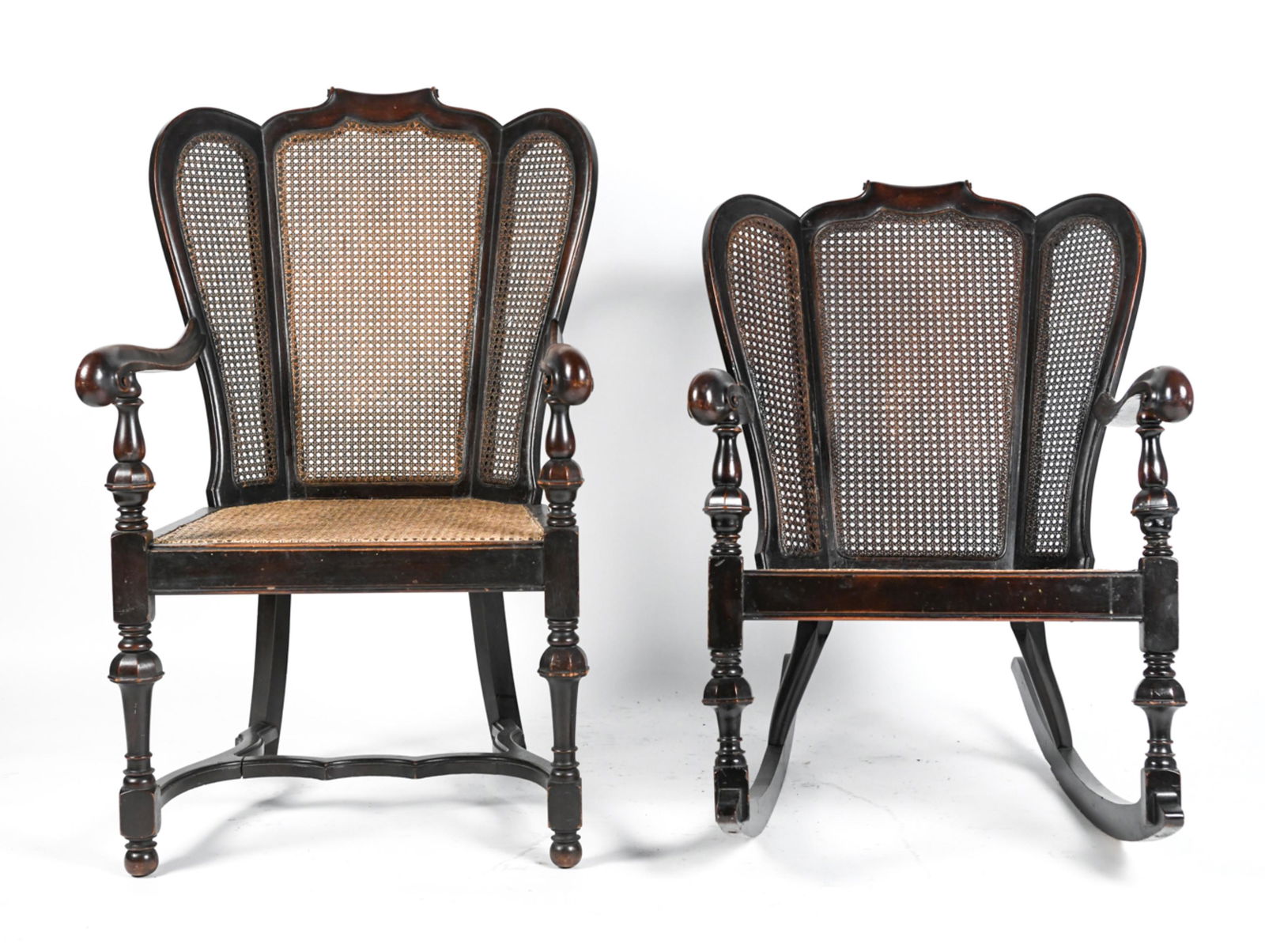 ANTIQUE CANED WINGBACK ARMCHAIR & ROCKER (1 of 17)