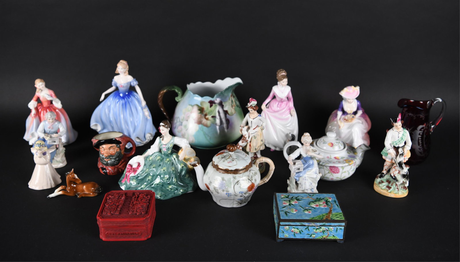 GROUPING INCL. PORCELAIN & CHINESE: Porcelain grouping containing Royal Daulton and Stafordshire, Chinese enamel etc. Dimensions: H 10" x W 6" x D 5" Condition: Little no breaks to porcelain.