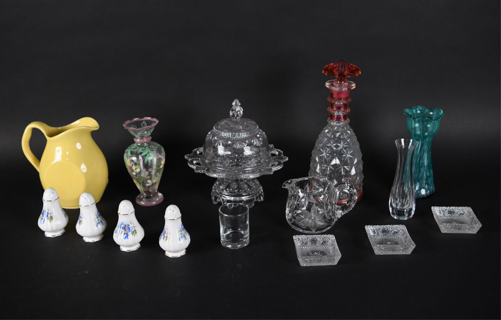(15) DECORATIVE PORCELAIN & GLASS GROUPING: (4) Paragon bone china salt and pepper shakers, (1) cut glass serving dish with lid, (1) cut glass decantor with pink glass, (1) shot glass, (3) small cut glass dishes, (3) small glass vases. One labe