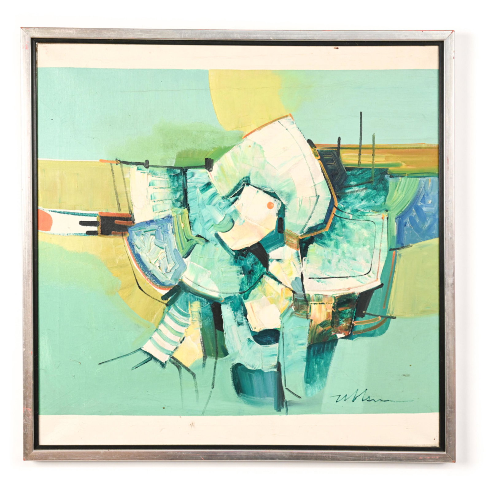 DANISH ABSTRACT OIL ON CANVAS: Signed indistinctly lower right. Dimensions: (Frame) H 32" x W 31.25", (Canvas) H 29.5" x W 29.25" Condition: Light frame wear. Few spots of surface dirt to canvas.