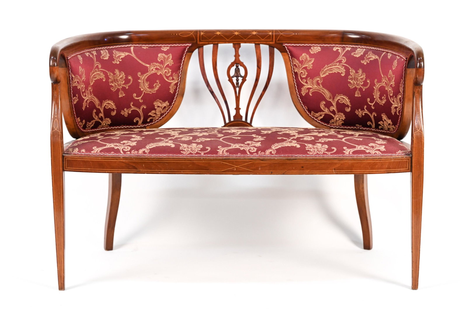 CARVED & INLAID SETTEE: With inlaid frame. Dimensions: H 29" x W 42" x D 21" x SH 17" Condition: Upholstery dirty, could use light cleaning. Nicks, dings, scratches, and scuffs to wood.
