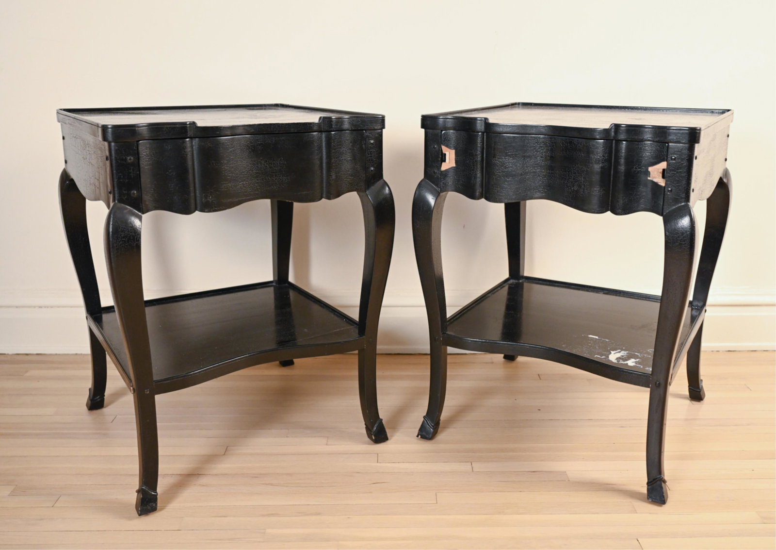 PAIR OF DENNIS & LEAN DISTRESSED NIGHTSTANDS: Nightstands/side tables with cabriole leg details. Carved wood with crackle lacquer finish and Chinoiserie details. c. 1990's-2000's. Originally purchased for $17,983.75. Dimensions: H 29" x W 23" x D