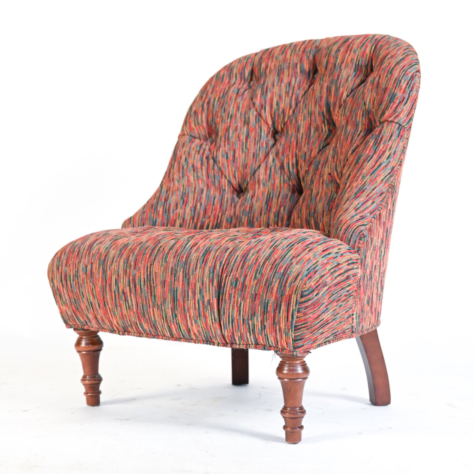 BUTTON TUFTED SLIPPER CHAIR: Multi-colored striped button tufted upholstery. No labels. Dimensions: H 33.5" x W 27.75" x D 24" Condition: Minor wear consistent with use.