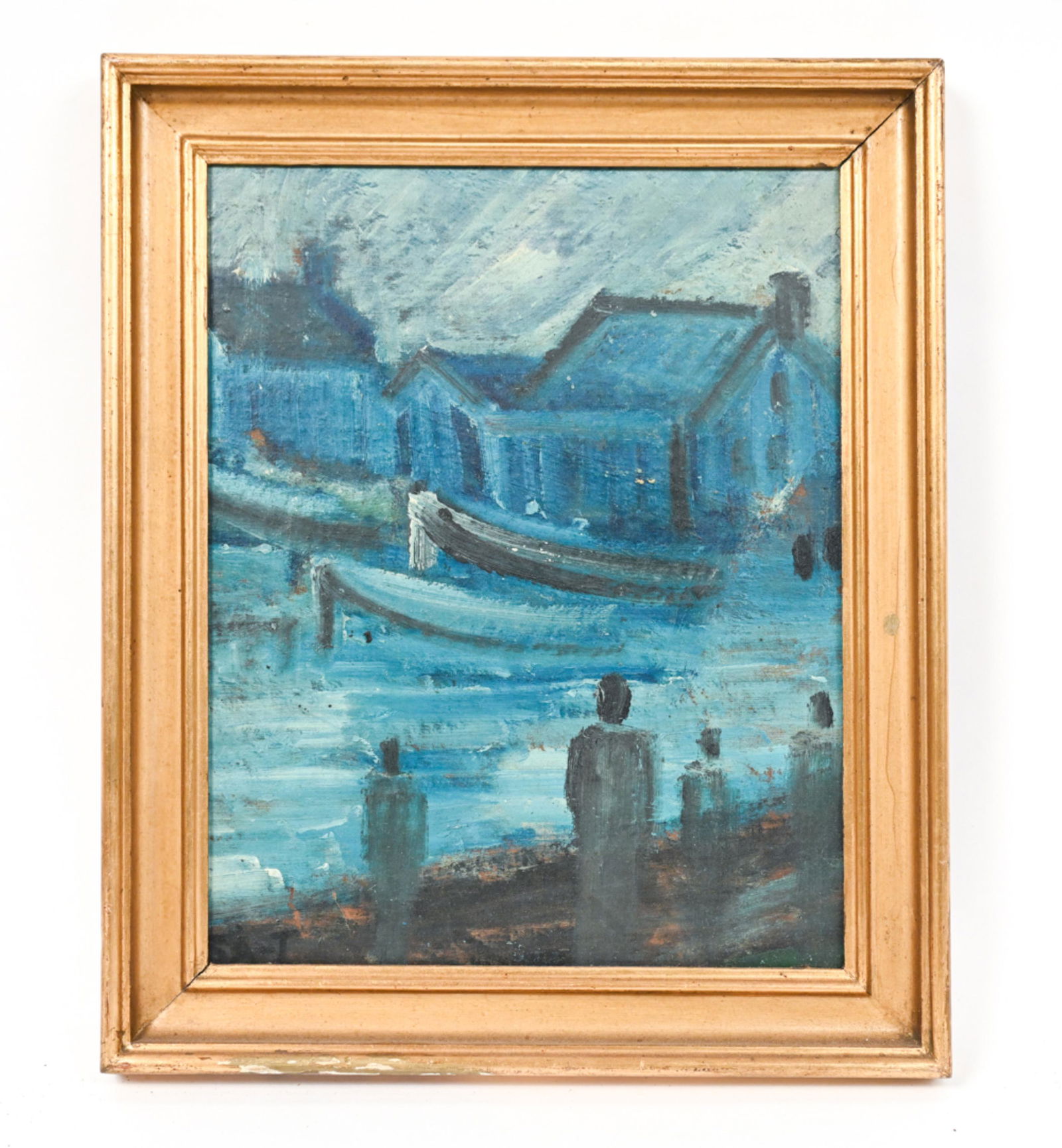 SVEND AGE TAUSCHER DANISH OIL ON MASONITE: Label verso: Svend Age Tauscher. Oil on masonite of abstracted figures by water. Apparently unsigned. Dimensions: (Frame) H 14" x W 11.5", (Masonite) H 11.75" x W 9.25" Condition: Some chips and wear