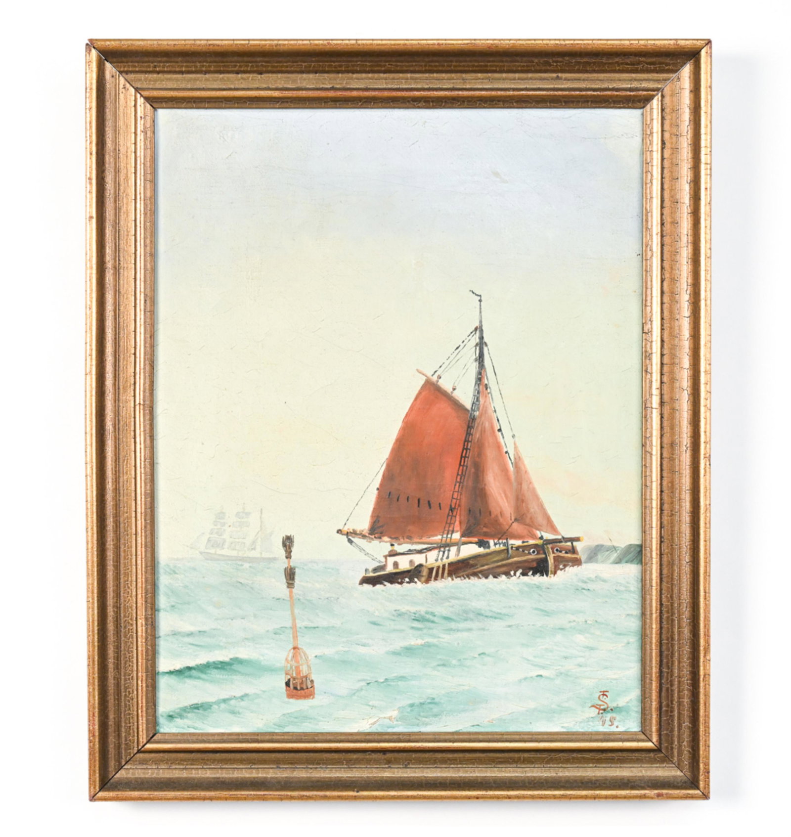 DANISH OIL ON CANVAS PAINTING OF SHIP: Monogram TST lower right, appears to be dated '45. Dimensions: (Frame) H 19.5" x W 15.75", (Canvas) H 16.25" x W 12.75" Condition: Some light surface dirt, craquelure. Light frame wear including corne